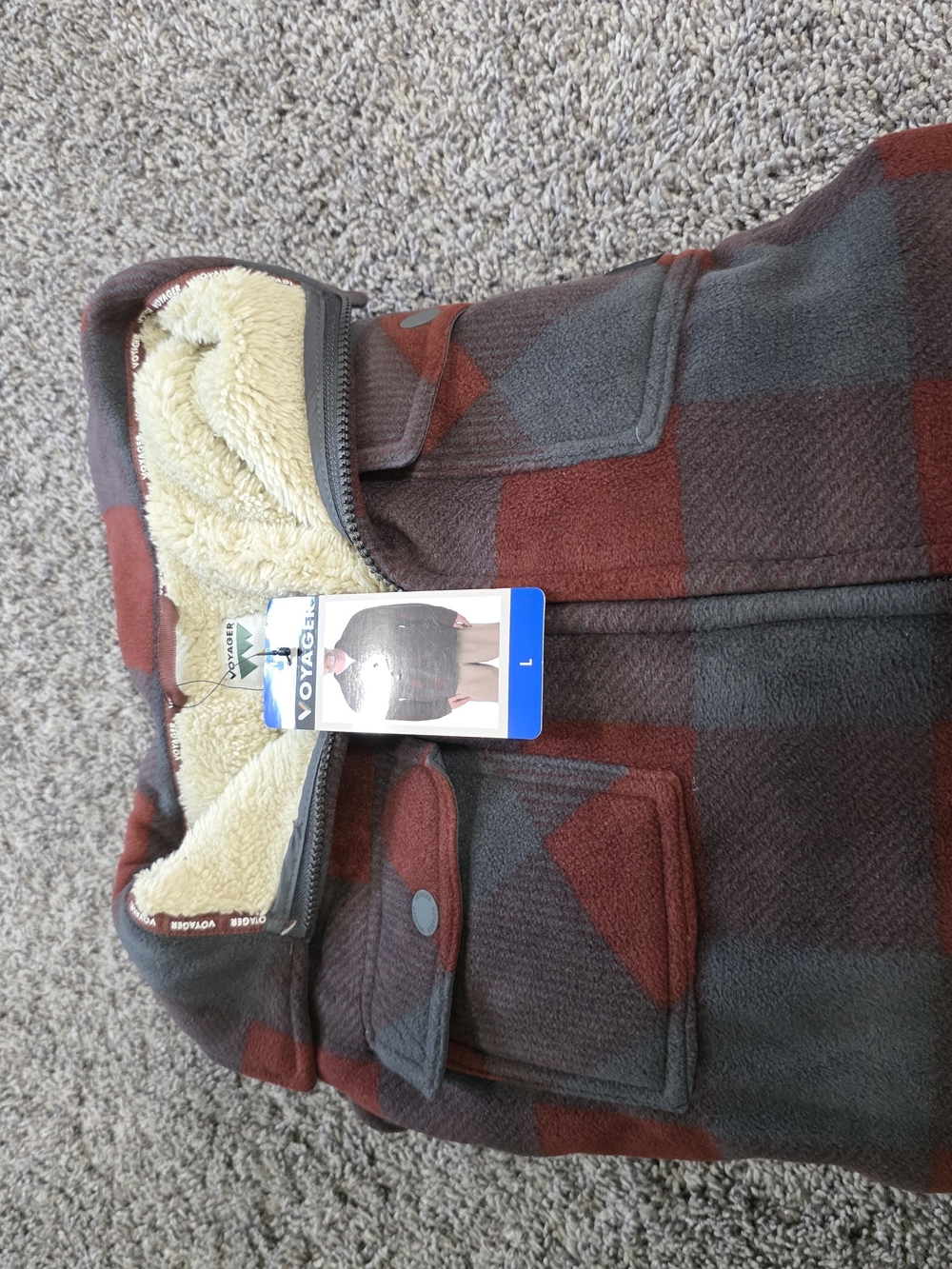 Voyager Men’s Red & Gray Plaid Sherpa-Lined Jacket